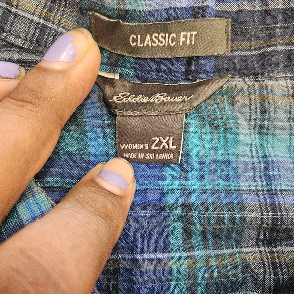 Eddie Bauer Women's Blue Plaid Mandarin Collar Button Down Shirt in 2XL - Picture 2 of 6